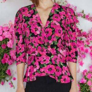 Zara Pink/ Black Floral Puff Sleeve Wrap Blouse Size Large